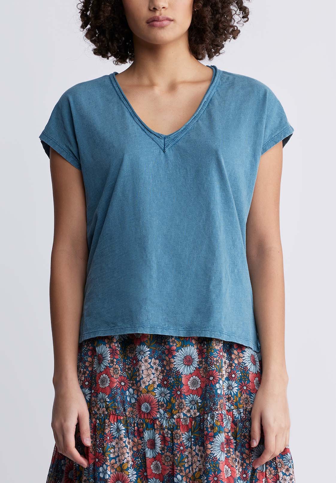 buffalo david bitton Danique Women’s V-Neck Striped T-Shirt In Tealy Blue