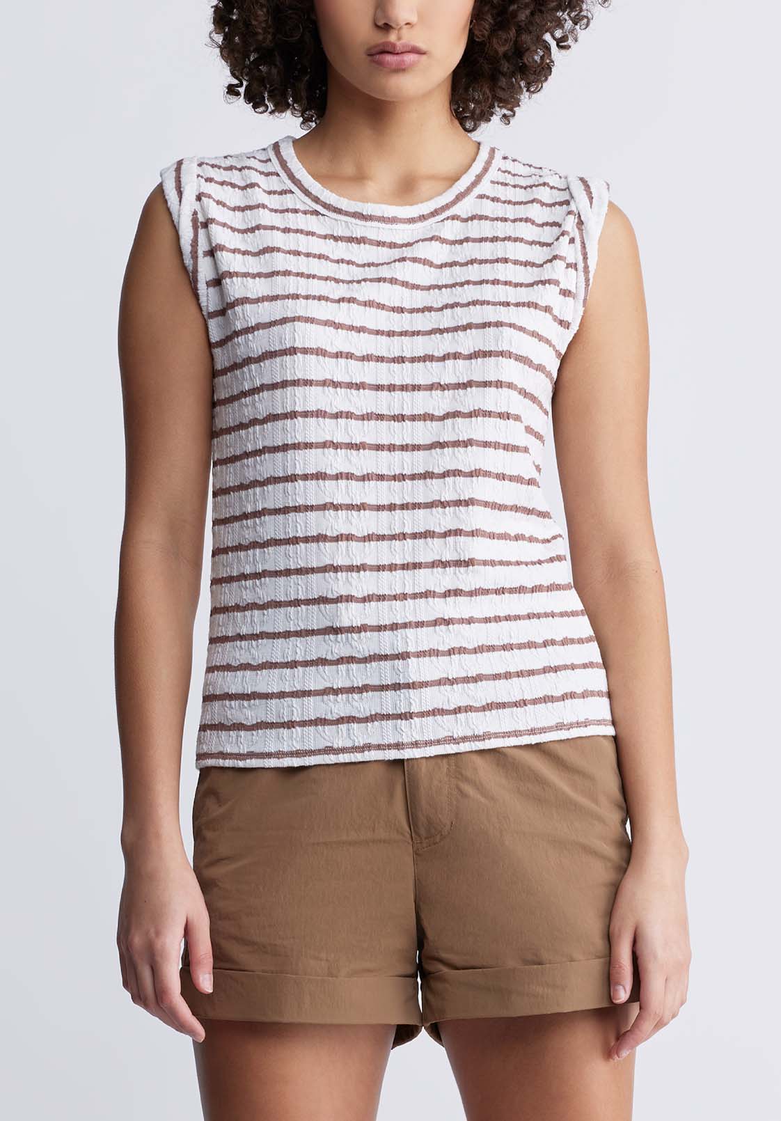 buffalo david bitton Elayne Women’s Striped Knit Tank Top in White & Tan