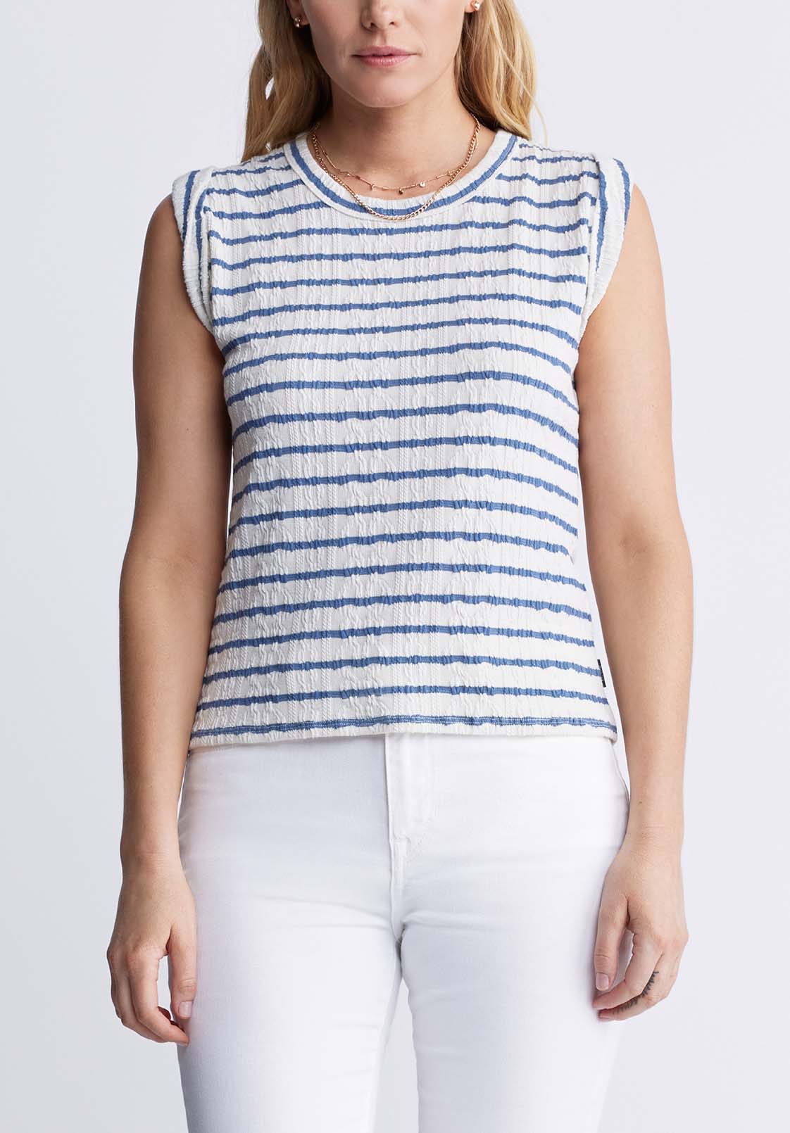 buffalo david bitton Elayne Women’s Striped Knit Tank Top in White & Blue