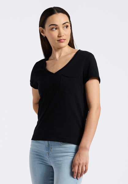 Buffalo David Bitton Moxie Women's Slub Knit V-Neck T-Shirt color BLACK