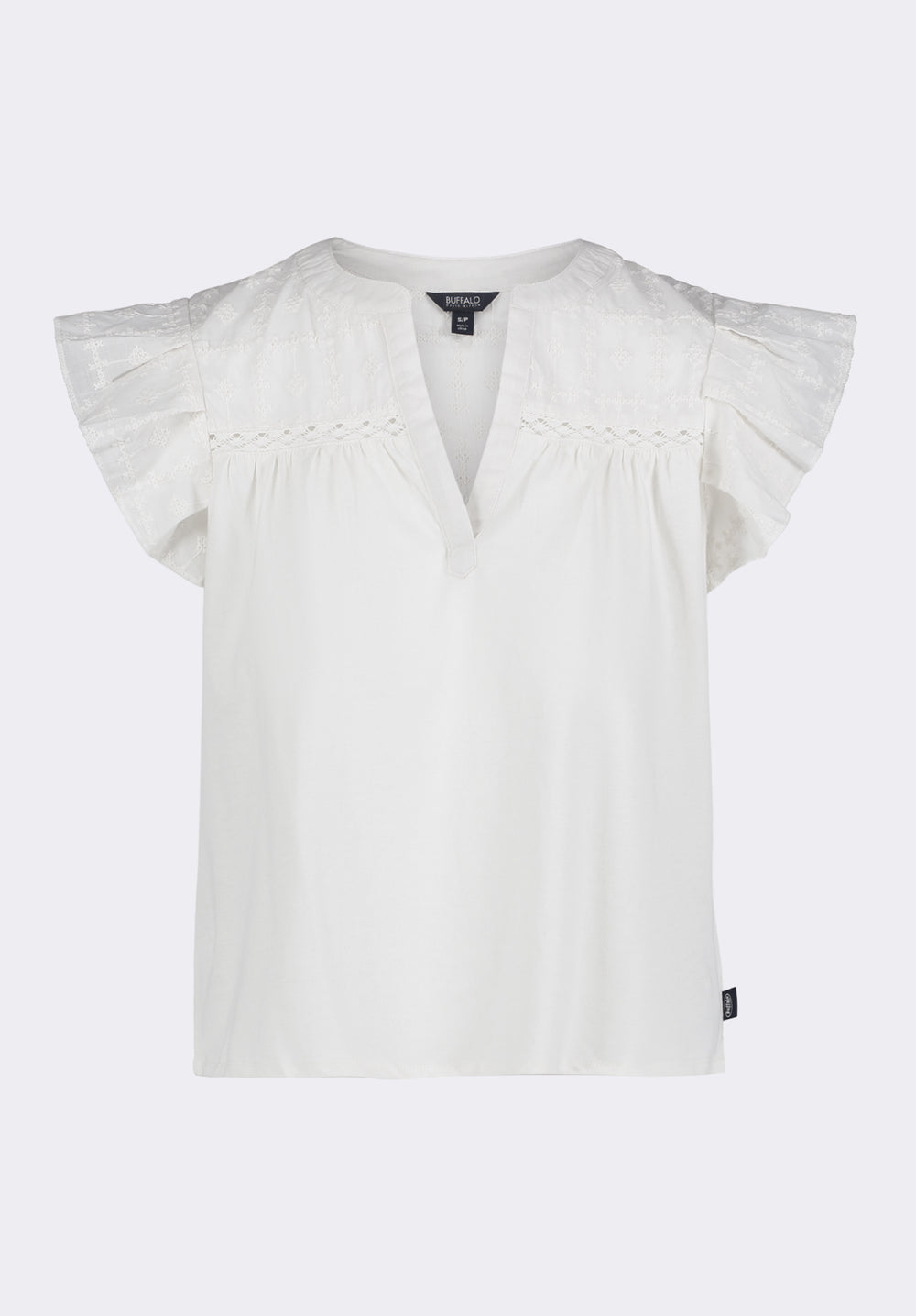 Mckaylie Women's Split Neck Flutter Sleeve Top with Embroidered