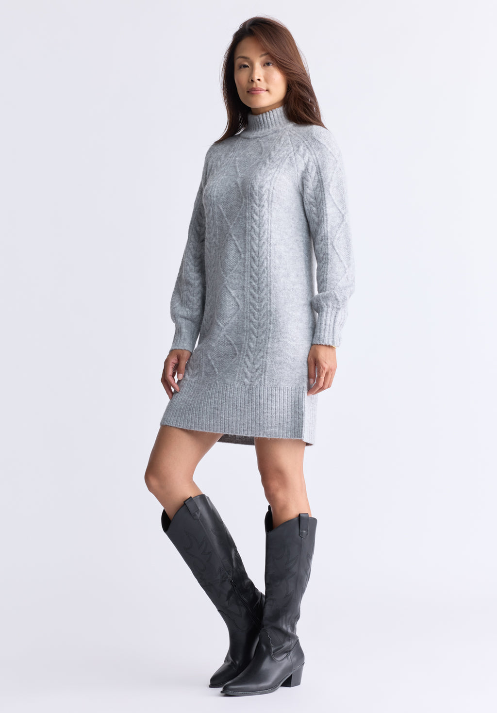 Buffalo Jeans Women s Levelle Cable Knit Turtleneck Sweater Dress Grey Size L
