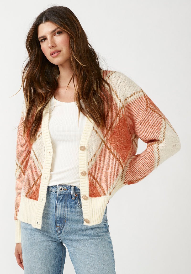 Buffalo David Bitton Zuri Orange Plaid Women's Oversized School Cardigan - SW0019F  