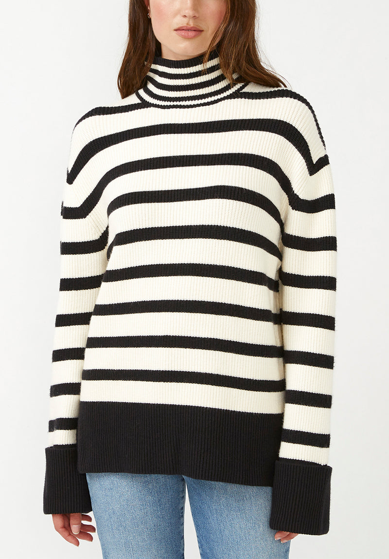 Buffalo David Bitton Drew Black Stripe Women's Funnel Neck Sweater - SW0020F Color BLK STRIPE