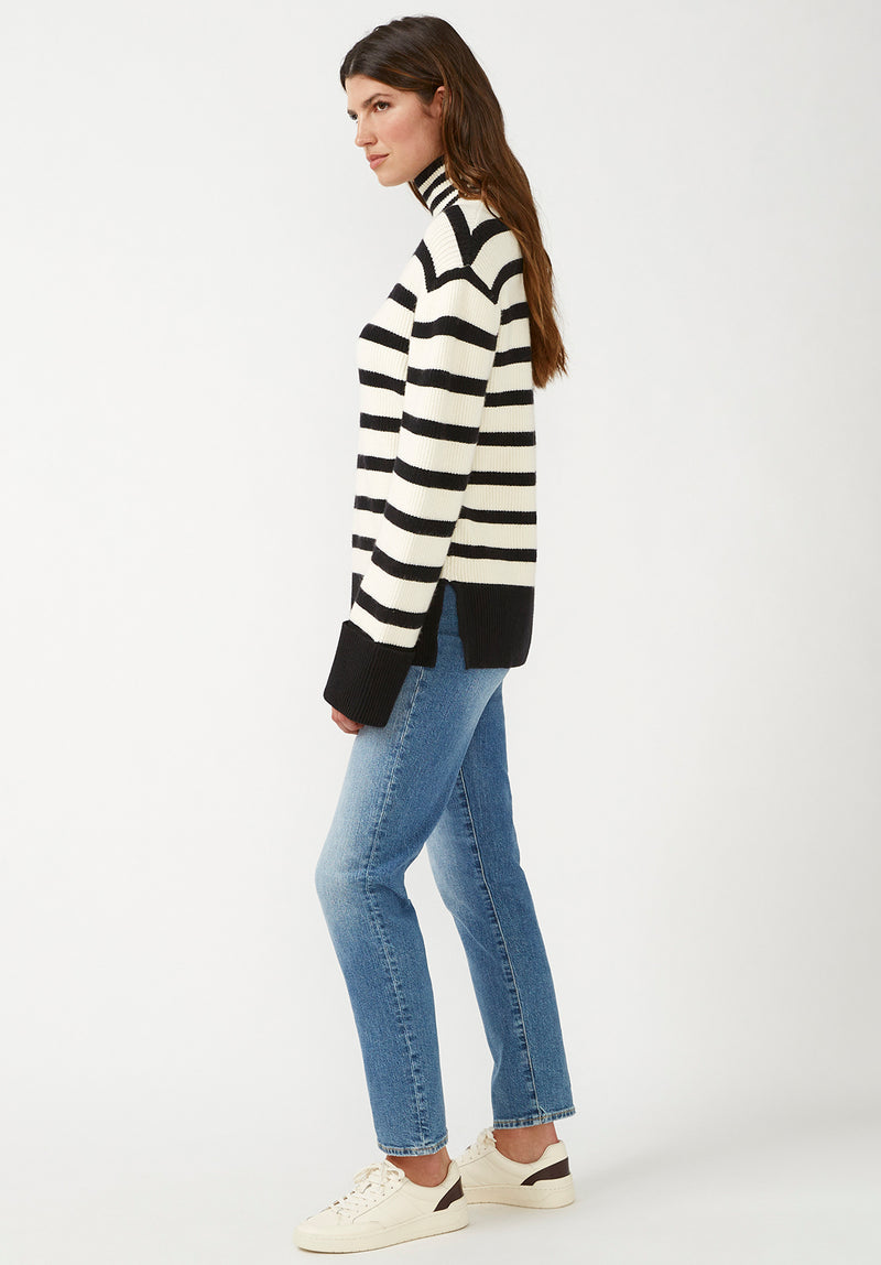 Buffalo David Bitton Drew Black Stripe Women's Funnel Neck Sweater - SW0020F Color BLK STRIPE