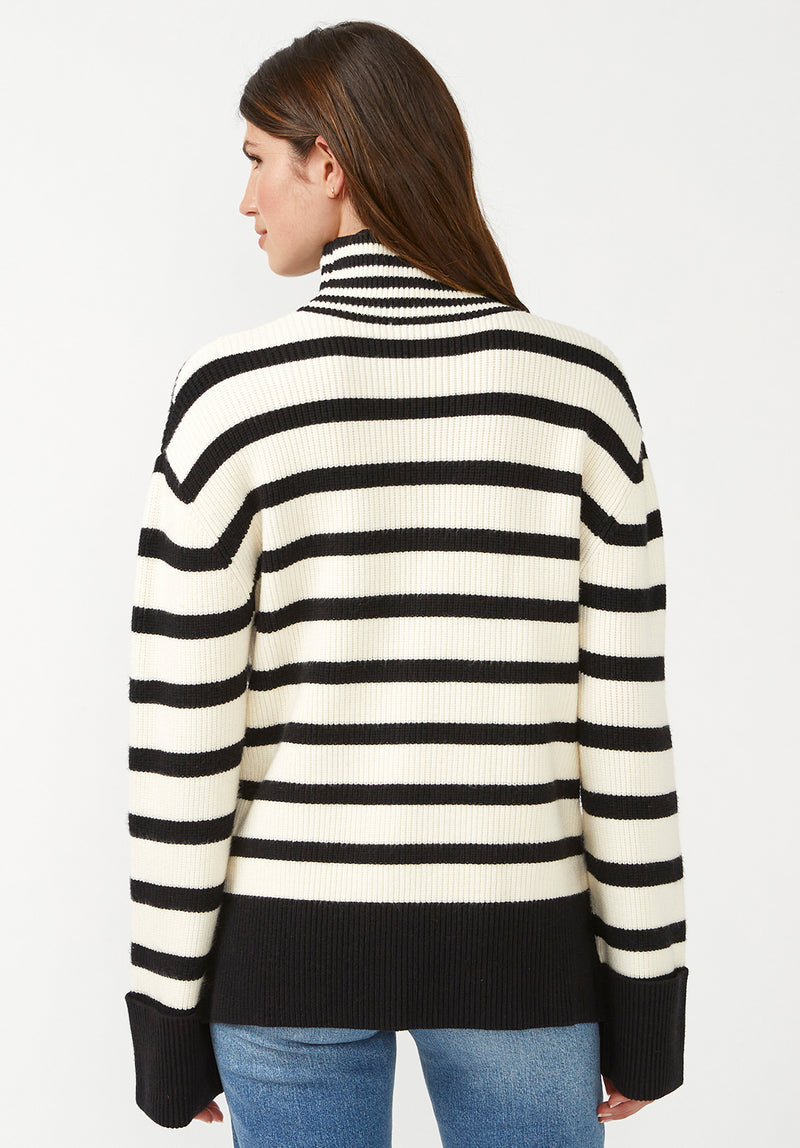 Buffalo David Bitton Drew Black Stripe Women's Funnel Neck Sweater - SW0020F Color BLK STRIPE