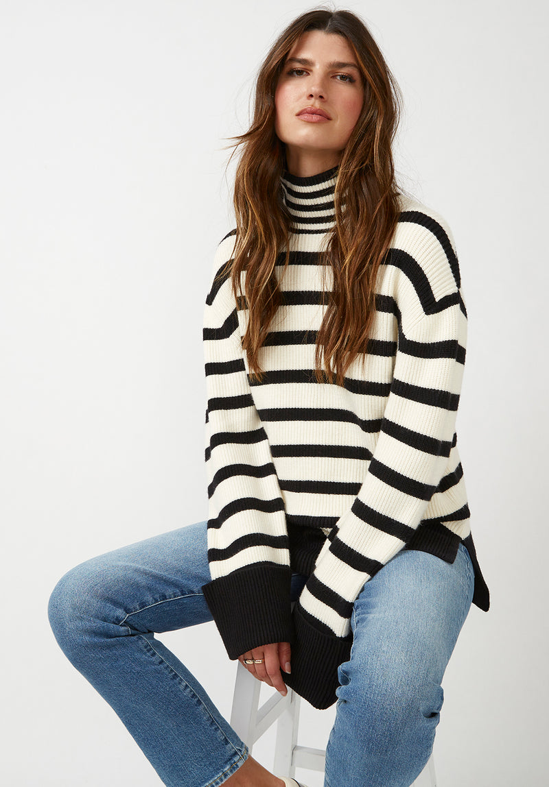 Buffalo David Bitton Drew Black Stripe Women's Funnel Neck Sweater - SW0020F Color BLK STRIPE