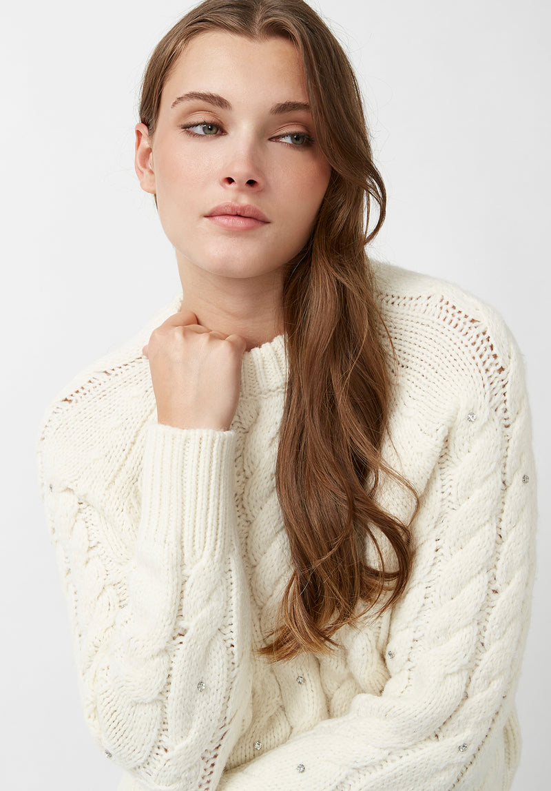 Buffalo David Bitton Magari Ivory Women's Long Sleeve Crewneck Cable Sweater - SW0030H Color IVORY