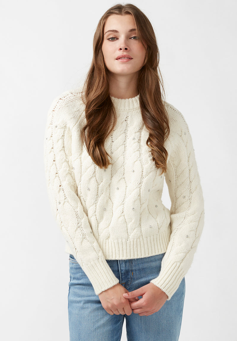 Buffalo David Bitton Magari Ivory Women's Long Sleeve Crewneck Cable Sweater - SW0030H Color IVORY