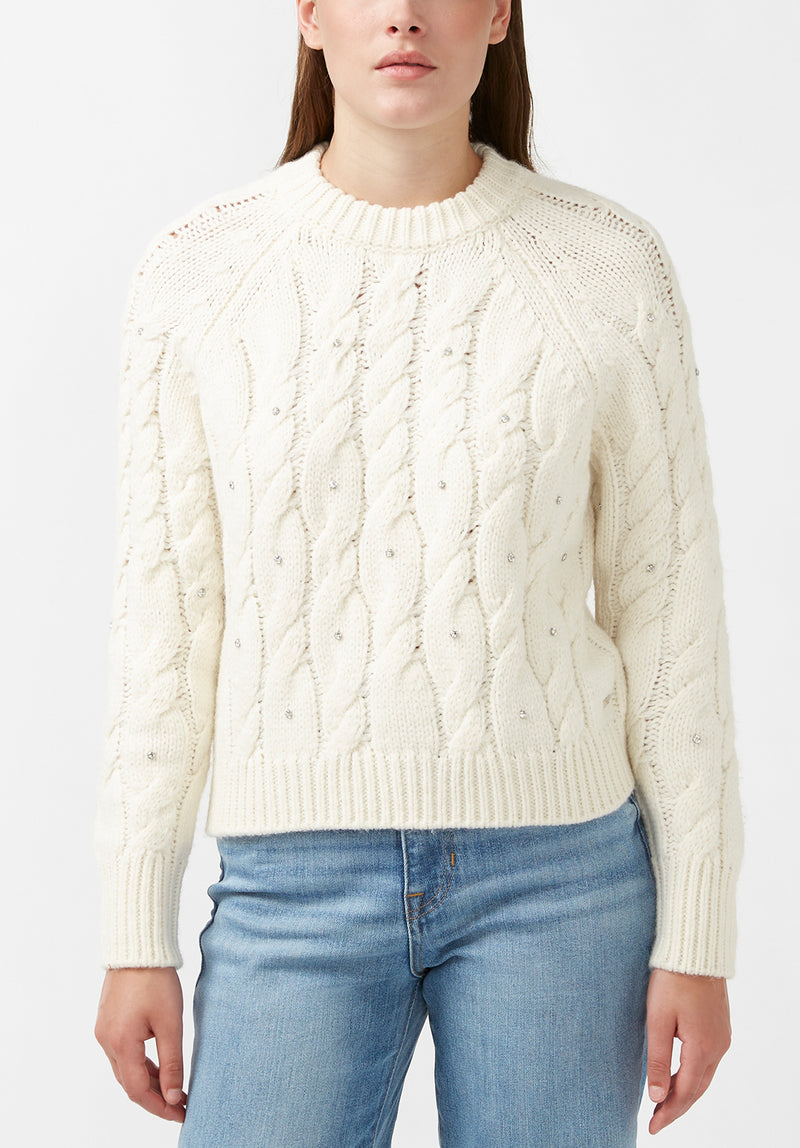 Buffalo David Bitton Magari Ivory Women's Long Sleeve Crewneck Cable Sweater - SW0030H Color IVORY