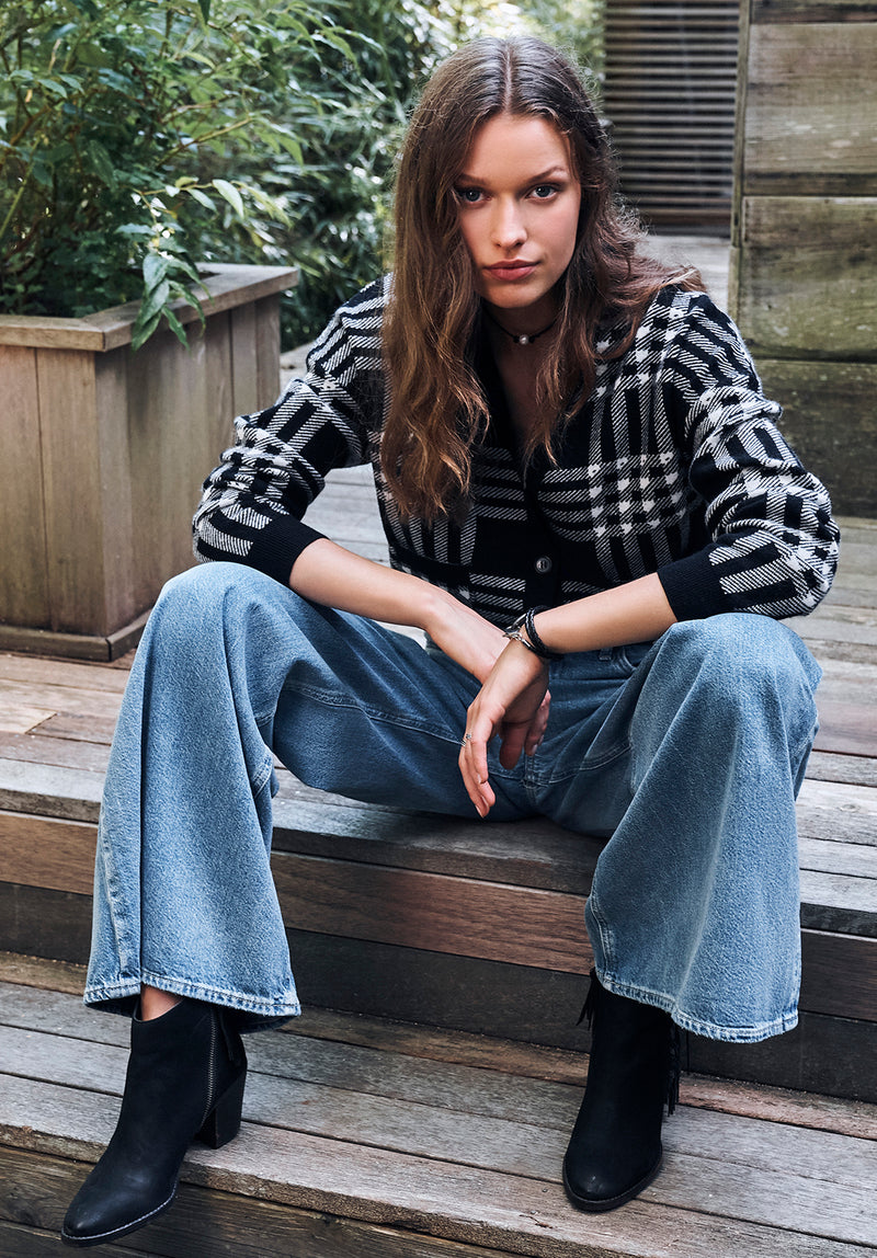 Rosina Women s Cardigan in Black White Plaid Buffalo Jeans CA