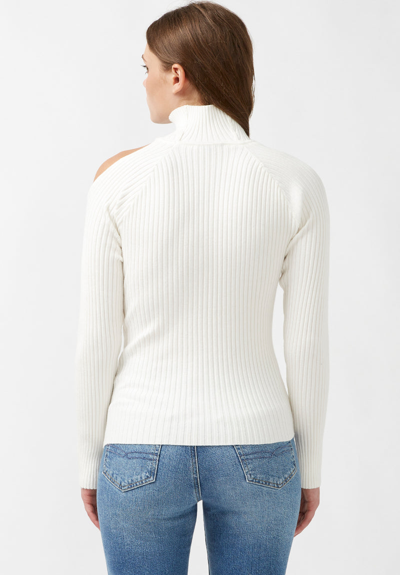 Buffalo David Bitton Beronia Ivory Women's Long Sleeve Cut Out Shoulder Sweater - SW0037H Color IVORY