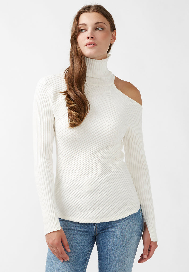 Buffalo David Bitton Beronia Ivory Women's Long Sleeve Cut Out Shoulder Sweater - SW0037H Color IVORY