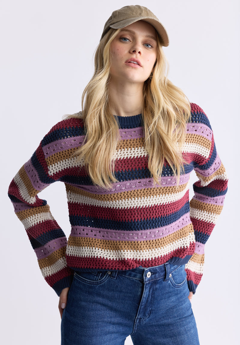 Buffalo Jeans Women s Wrenlee Striped Openwork Knit Sweater Beaujolais Size M