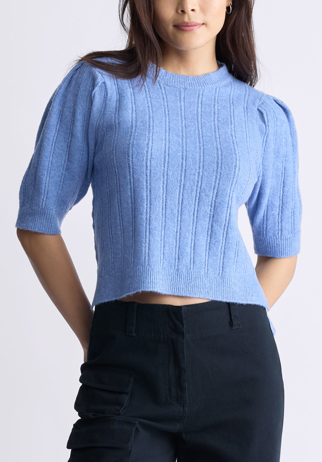 buffalo david bitton Pull en tricot pointelle à manches bouffantes pour femme Jaxie de cou