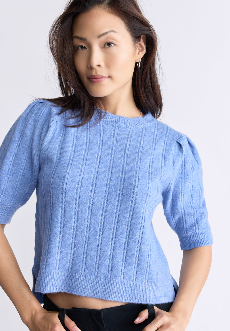 Buffalo Jeans Women s Jaxie Elbow Length Puff Sleeve Pointelle Knit Sweater Heather Blue Size S