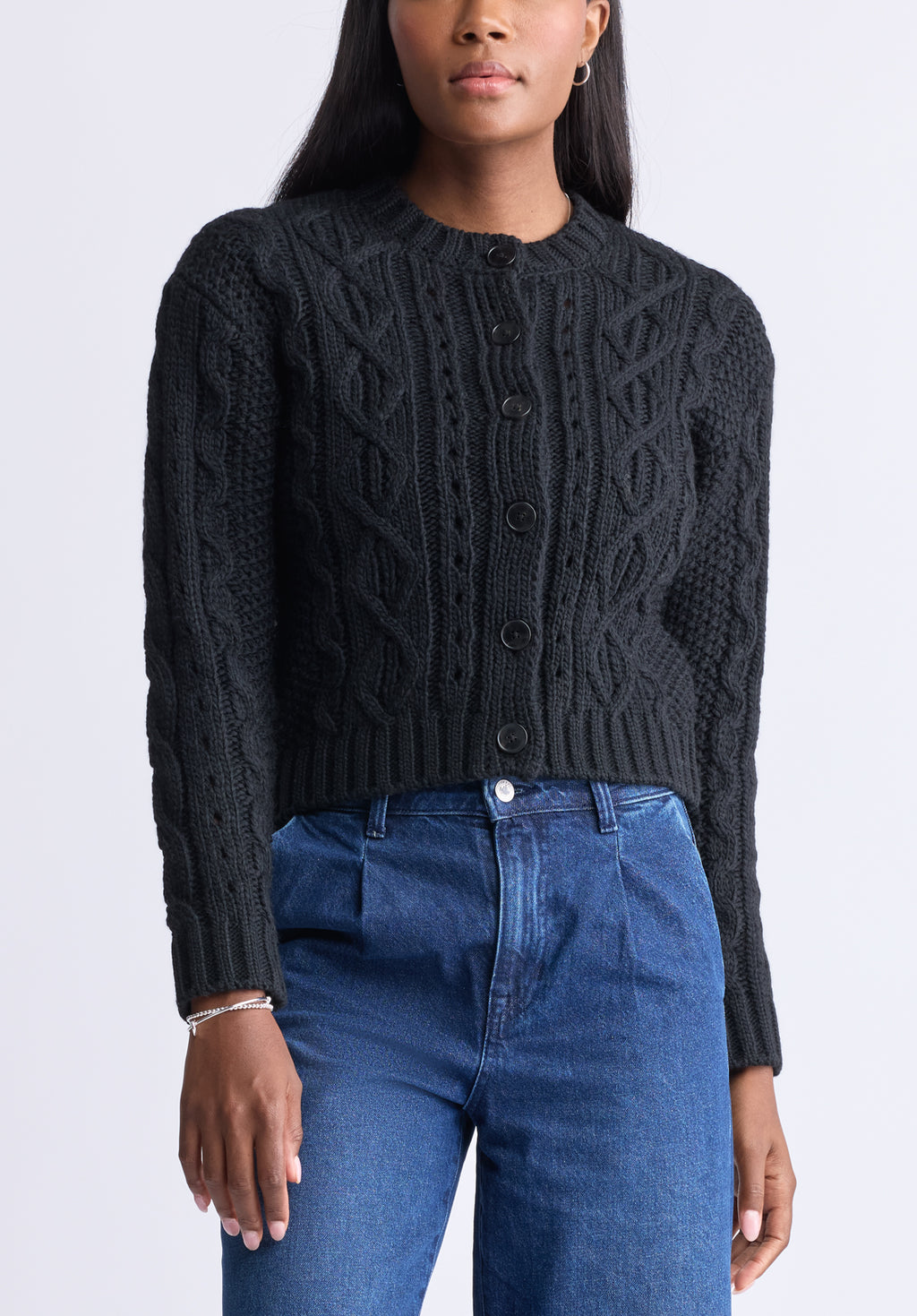 Temperance Women s Cable Knit Button Up Cardigan Black SW0096F