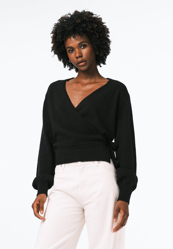 Jadis Women's Textured Knit Wrap Sweater with Side Tie color BLACK