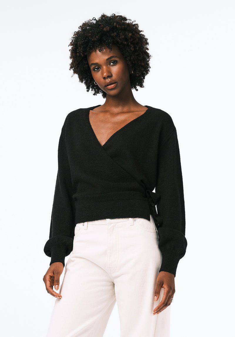 Jadis Women's Textured Knit Wrap Sweater with Side Tie color BLACK