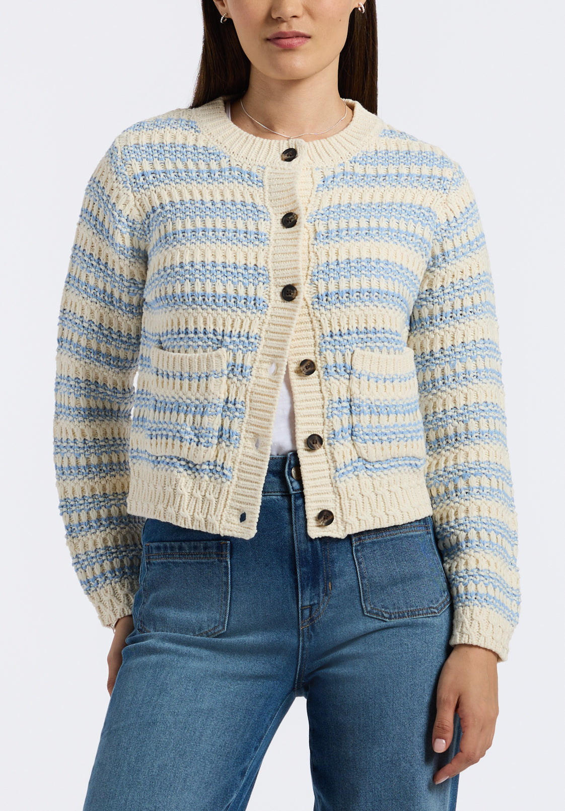 buffalo david bitton Cardigan en maille à rayures boutonné avec poches pour femme Amaranth beige et bleu