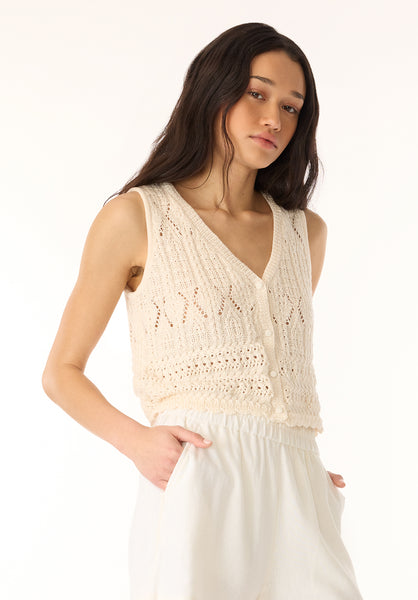 Merrybell Women's Pointelle Knit Button-Down Vest, Egret - SW0114P