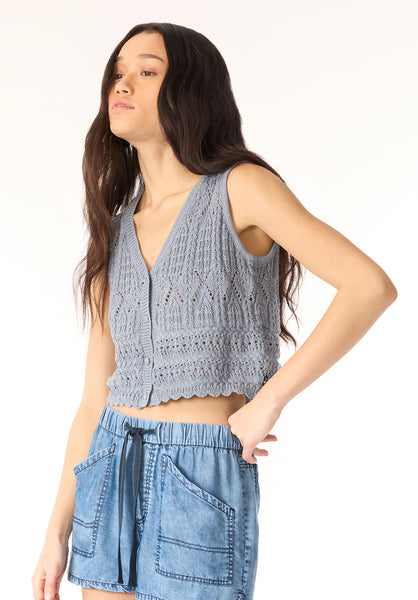 Merrybell Women's Pointelle Knit Button-Down Vest, Bleached Navy - SW0114P