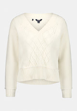 Colette Women's V-Neck Cable Knit Sweater color MARSHMALLOW