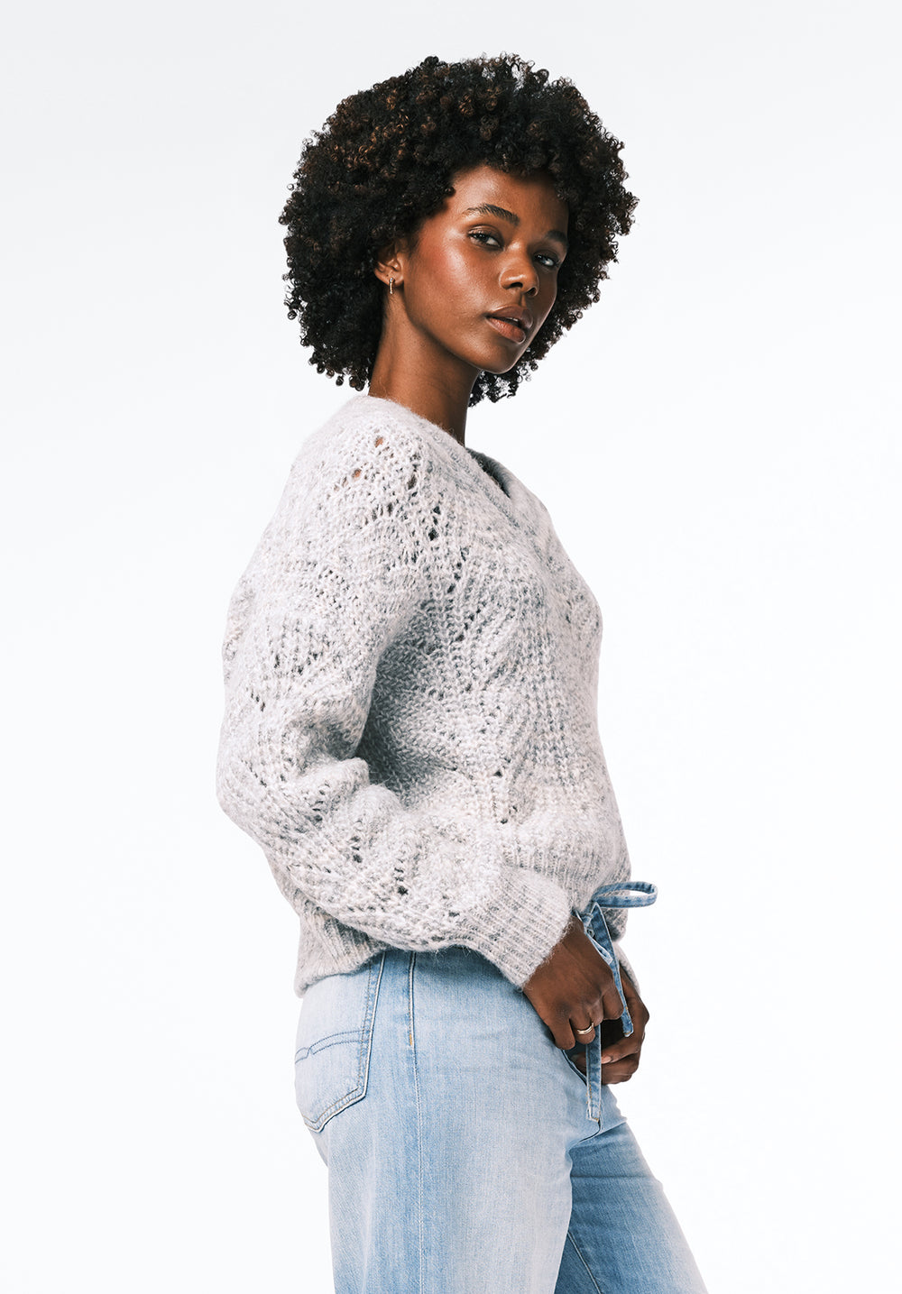 Erdem Women's Textured Open-Knit Sweater with V-Neck, LT HR GREY