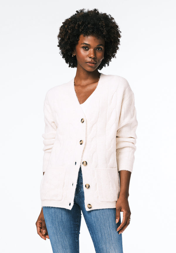 Calynda Women's Cable Knit Button-Up Cardigan with Pockets color MARSHMALLOW