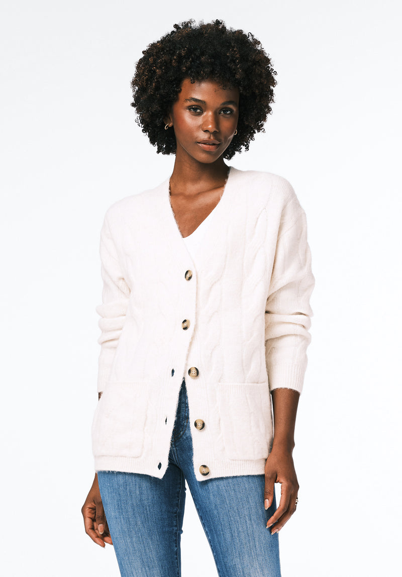 Calynda Women's Cable Knit Button-Up Cardigan with Pockets color MARSHMALLOW