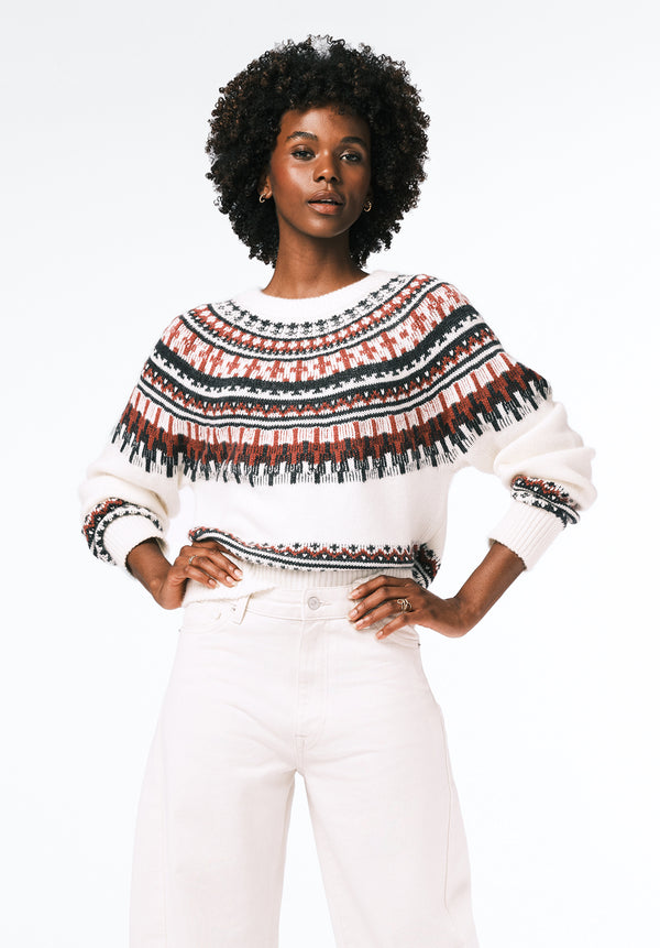 Glenda Women's Fair Isle Knit Crewneck Sweater color IVORY