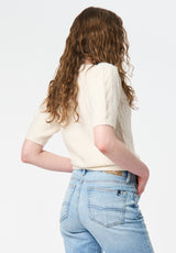 Winsome Women's Short Sleeve Cable Knit Sweater with Shoulder Button color MARSHMALLOW