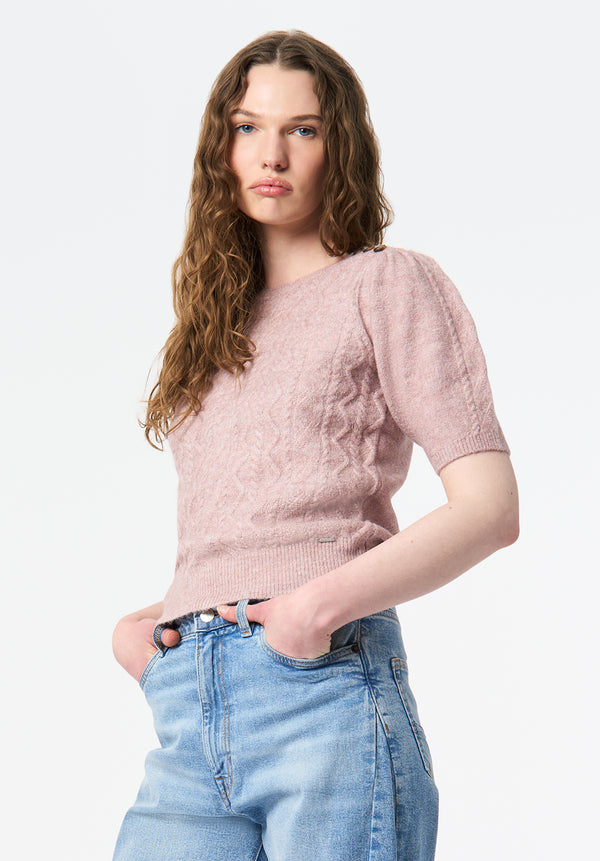 Winsome Women's Short Sleeve Cable Knit Sweater with Shoulder Button color BURNISHED LILAC