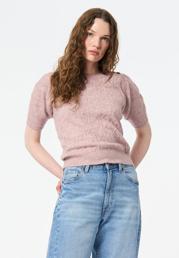 Winsome Women's Short Sleeve Cable Knit Sweater with Shoulder Button color BURNISHED LILAC