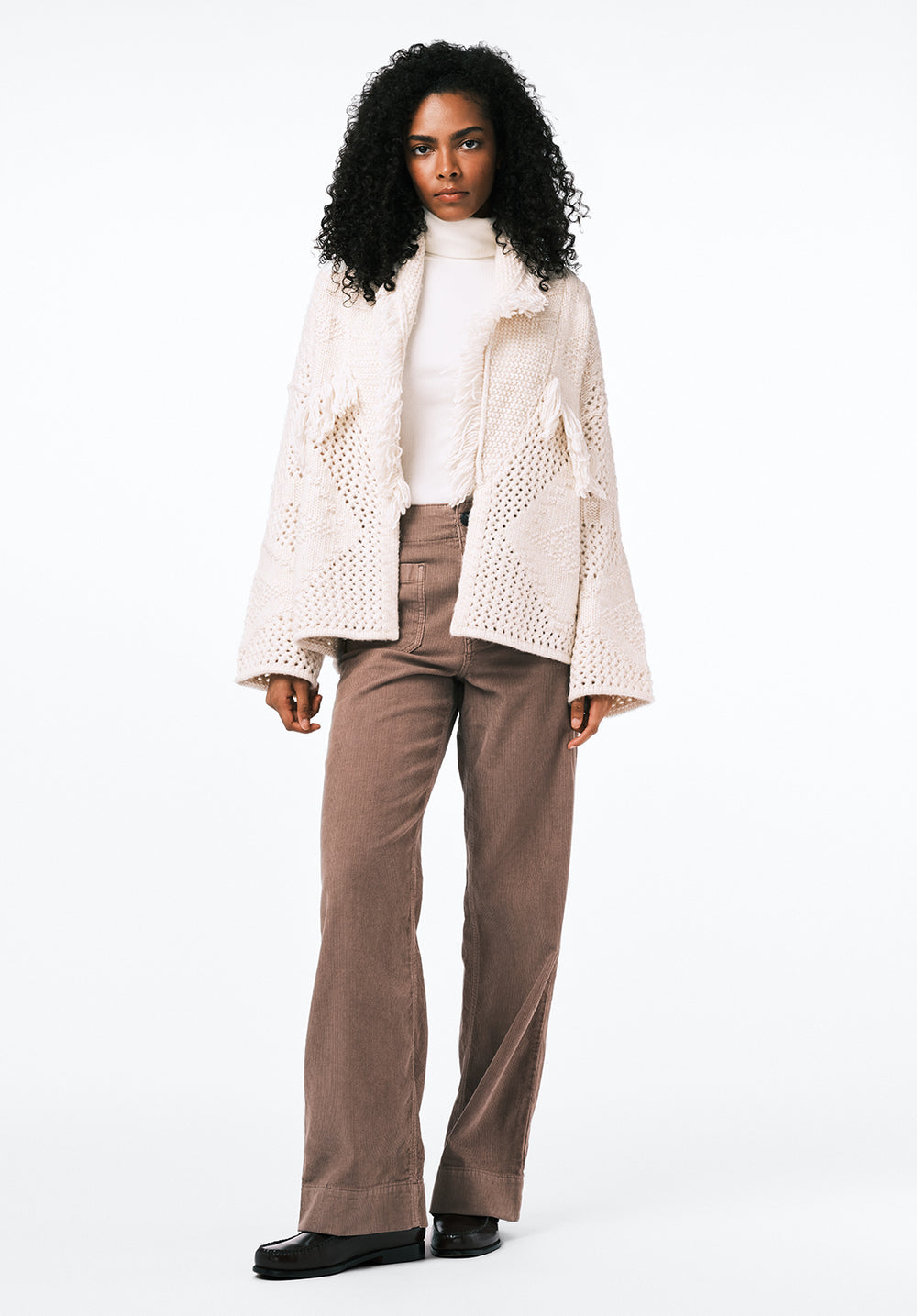 Agatha Women's Open-Front Knit Cardigan with Fringe, OATMEAL