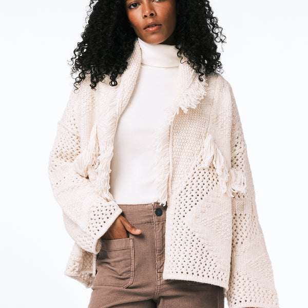 Agatha Women's Open-Front Knit Cardigan with Fringe, OATMEAL