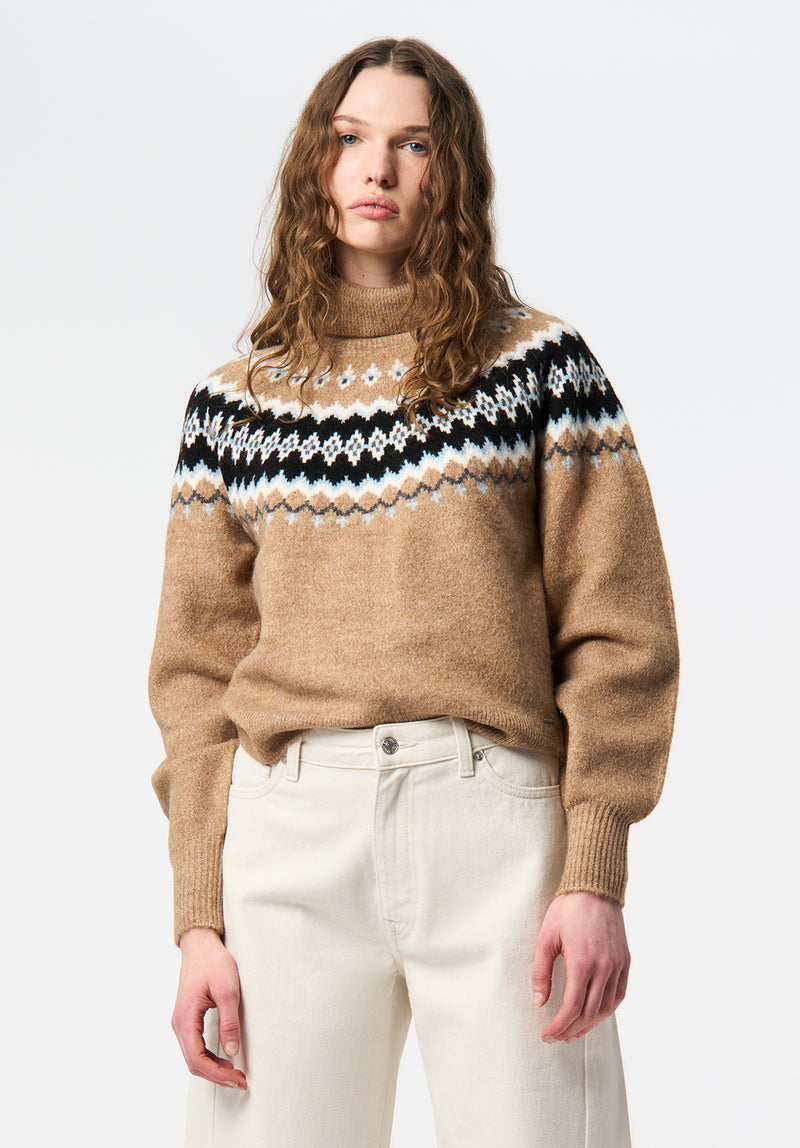 Ashlynne Women's Fair Isle Knit Turtleneck Sweater color TAN