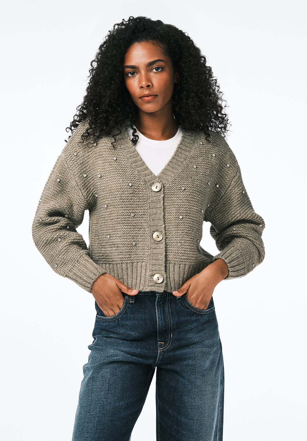 Odilia Women's Embellished Knit Button-Up Cardigan, Dk Green