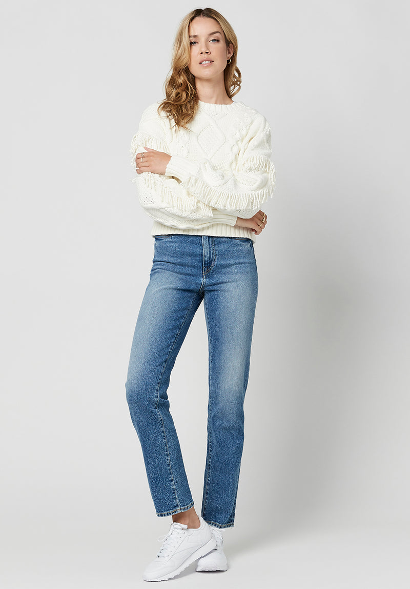 Mercina Women's Boxy Fringed Sweater in White - SW0626H