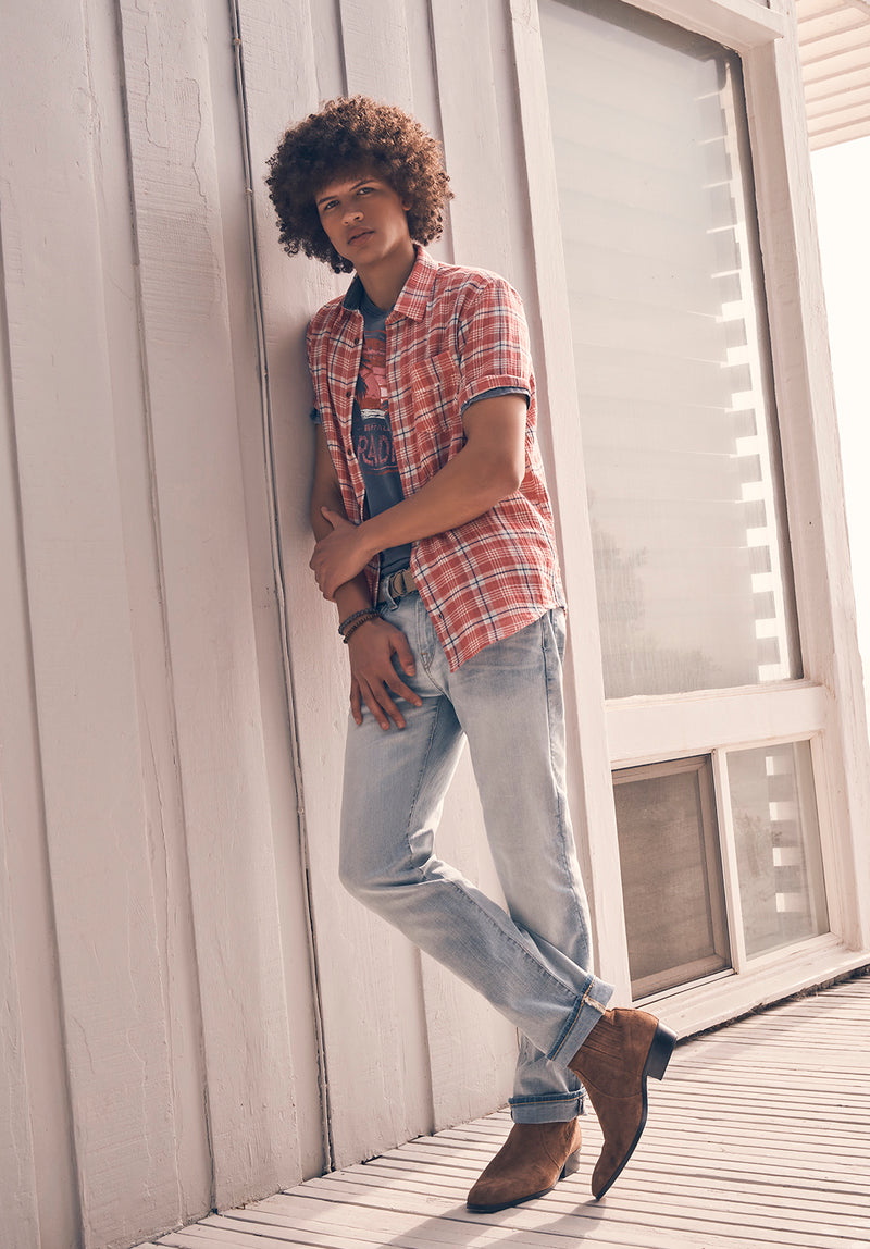 Red plaid short sleeve shirt deals