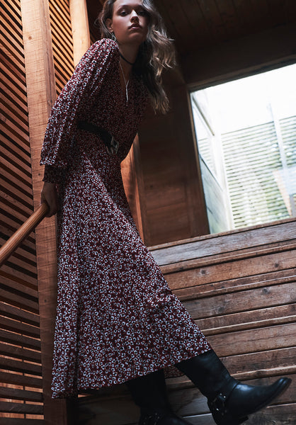 Robe Rouge Amalfi à manches longues et motif léopard pour femme - WD0018H