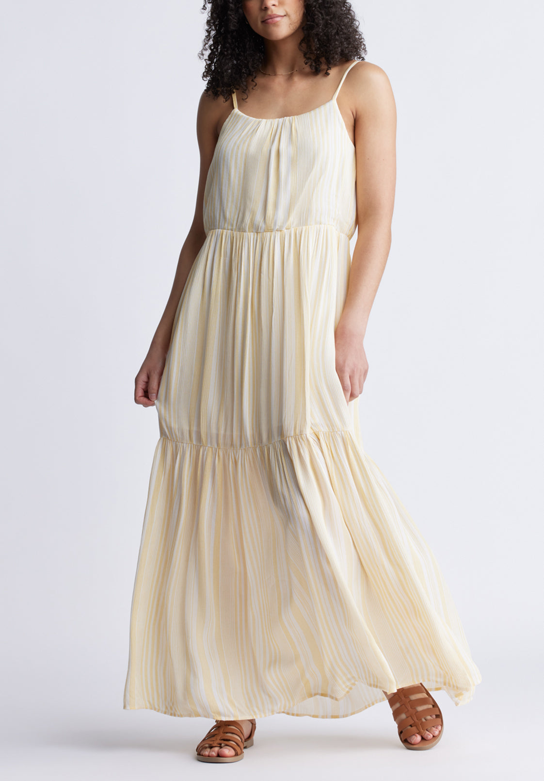buffalo david bitton Assisi Women's Maxi Tiered Striped Dress White and Yellow