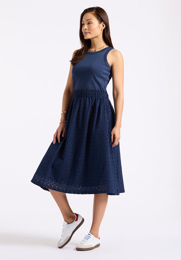 Buffalo David Bitton Drea Women's Sleeveless Tank Dress with Eyelet Embroidered Skirt color NAVY