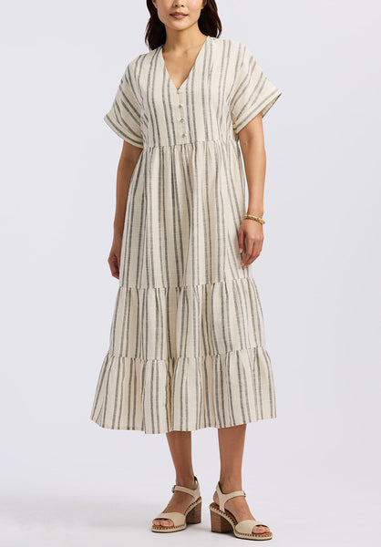 Buffalo David Bitton Aurinda Women's Tiered Striped Midi Dress color PARCHMENT