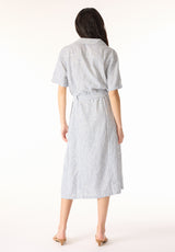 Carlene Women's Short Sleeve Belted Button Front Striped Midi Dress, Navy - WD0105P