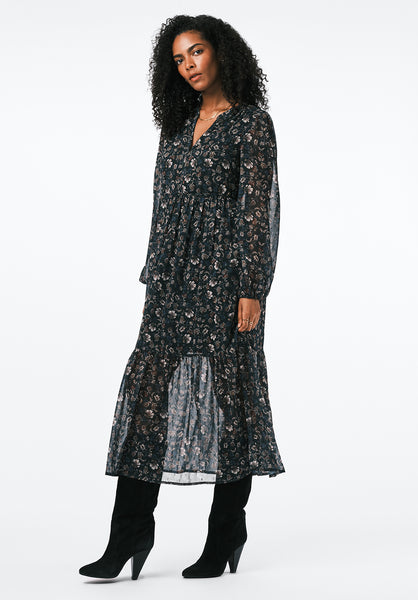 Rheda Women's Sheer Floral Long Sleeve Tiered Midi Dress color VINTAGE FLORAL