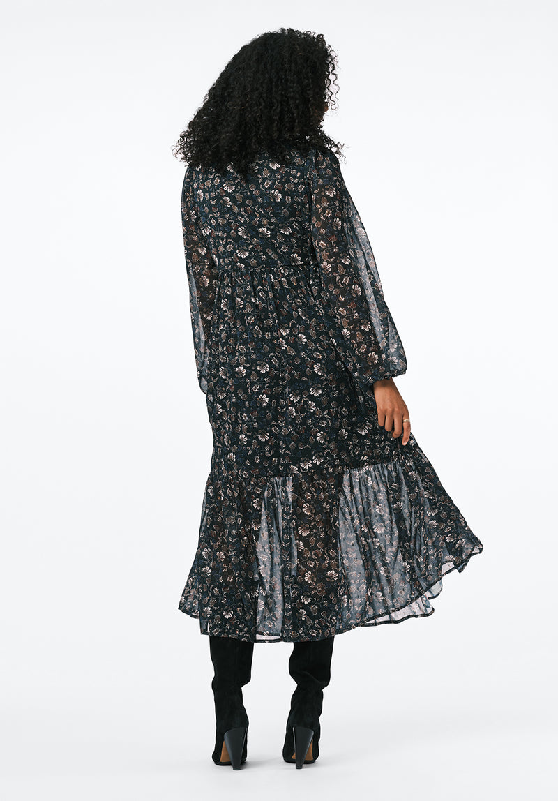 Rheda Women's Sheer Floral Long Sleeve Tiered Midi Dress color VINTAGE FLORAL