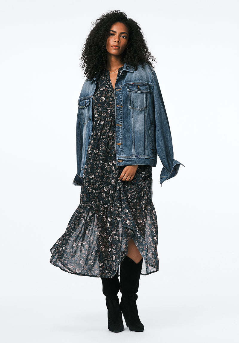 Rheda Women's Sheer Floral Long Sleeve Tiered Midi Dress color VINTAGE FLORAL