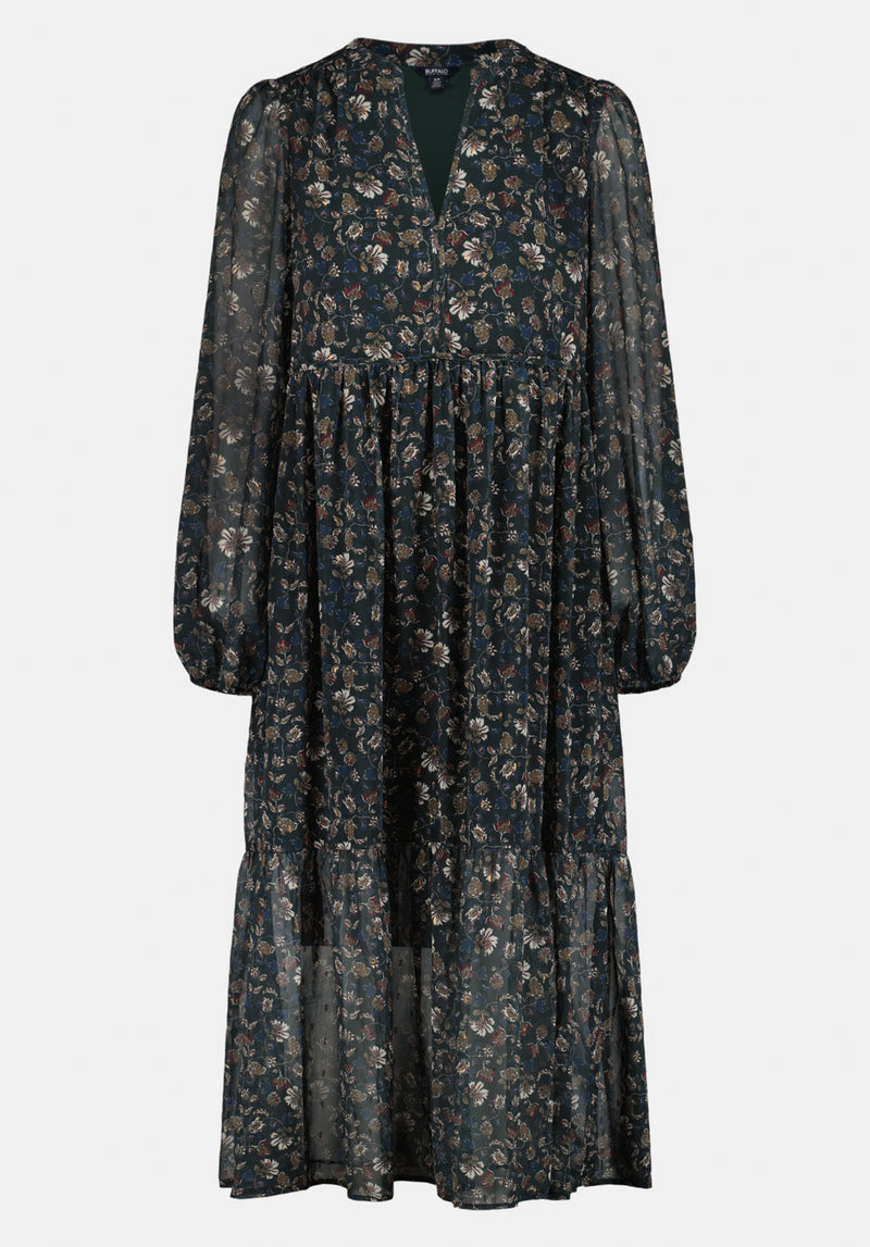 Rheda Women's Sheer Floral Long Sleeve Tiered Midi Dress color VINTAGE FLORAL