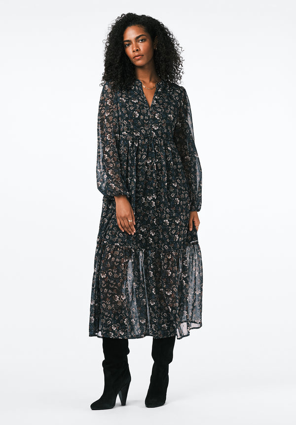 Rheda Women's Sheer Floral Long Sleeve Tiered Midi Dress color VINTAGE FLORAL